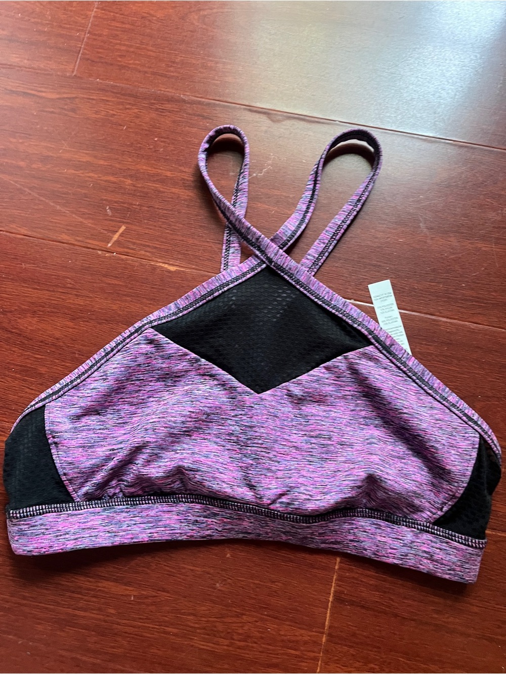manduka Pink and Purple Space-Dye Cross-Strap Sports Bra with Black Panels